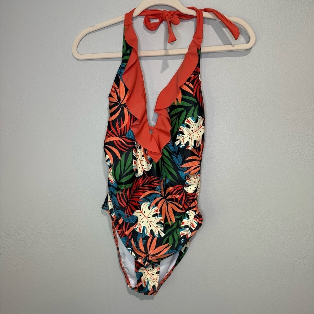 Tropical Leaf Print Ruffle One-Piece Swimsuit | Size L